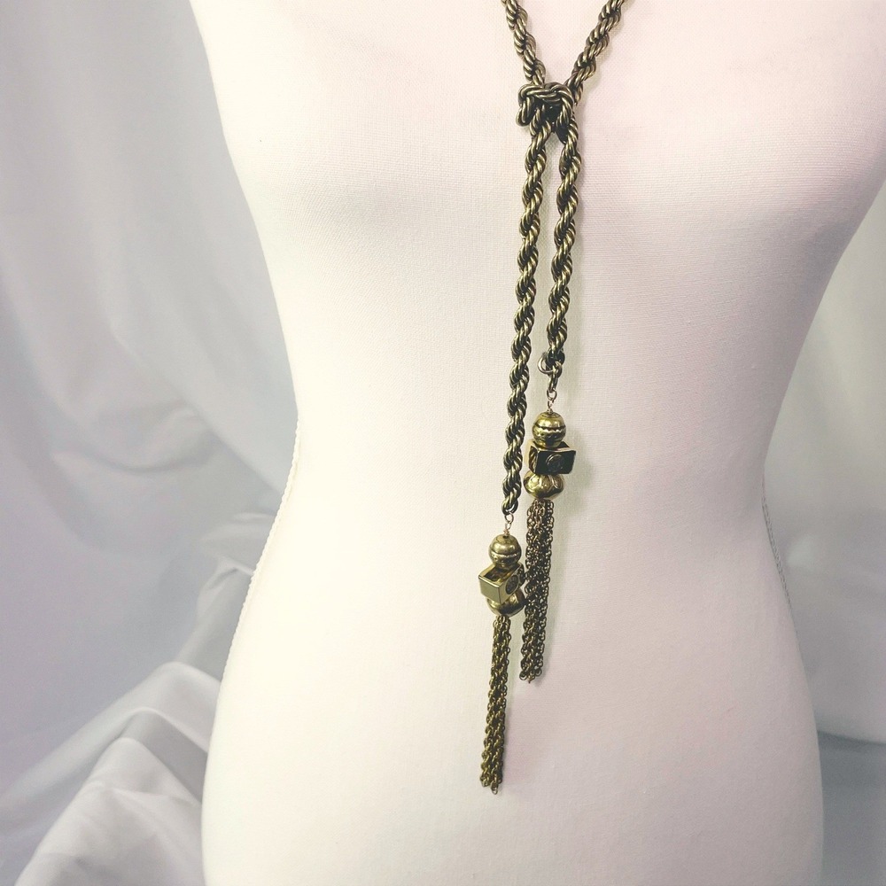 Chicos Twisted Rope Lariat Tassel Necklace Long Antique Gold Tone Opera Length - Picture 7 of 16